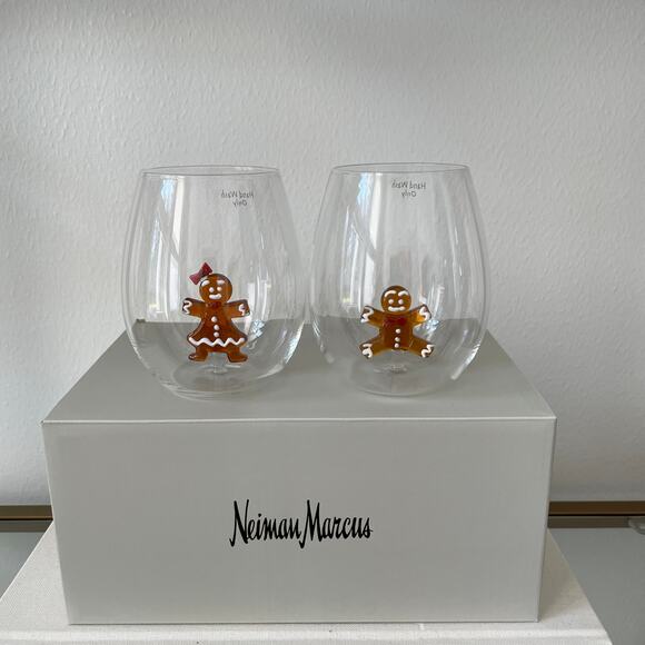 NEIMAN MARCUS Gingerbread Man Stemless Wine Glass Set of 2 Holiday Barware NEW - Picture 8 of 12